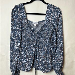 She + Sky Blue and White Ruched Tie Front Long Sleeve Blouse